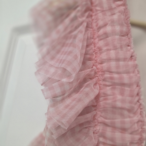 Peasant Dress Large Blue Pink Gingham Ruffled Dress Size Medium Sheer Romantic - Picture 7 of 10